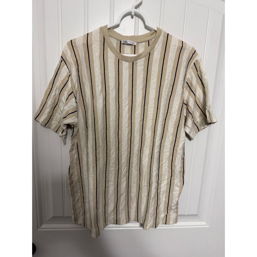 Zara T-Shirt Mens Large Beige White Black Vertical Striped Textured EUC